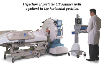 Depiction of portable CT scanner with a patient in the horizontal position.